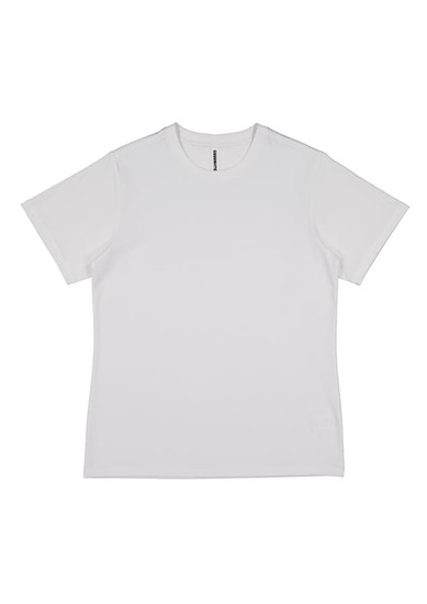 A white women's short sleeve tee with a round neckline and a subtle logo on the label.