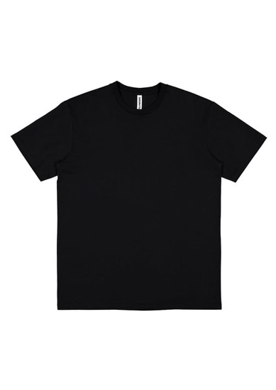 A black short sleeve t-shirt featuring a simple design and a label inside the neckline.