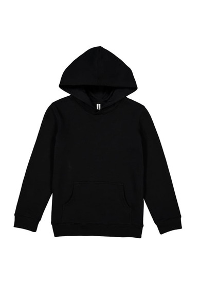 A black hoodie featuring a front pocket and a drawstring hood, with a small logo on the label.