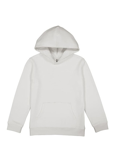 A white kids' hoodie featuring a front pocket and a drawstring hood. The hoodie includes a logo.