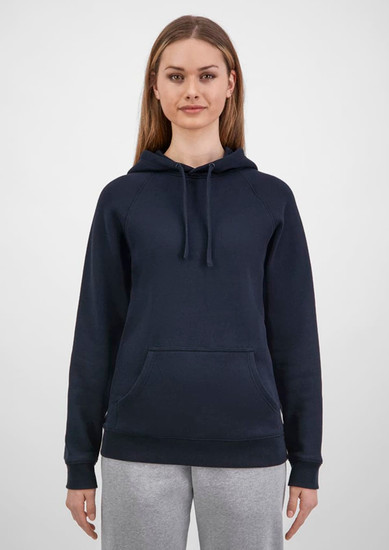 A dark navy women's hoodie featuring a front pocket and drawstring hood, modelled by a woman.