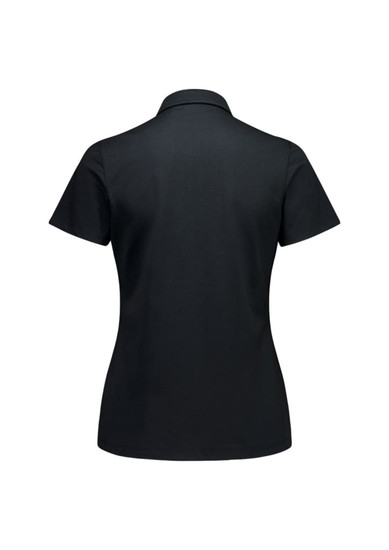 A black women's short sleeve polo shirt with a classic collar and a logo on the back.