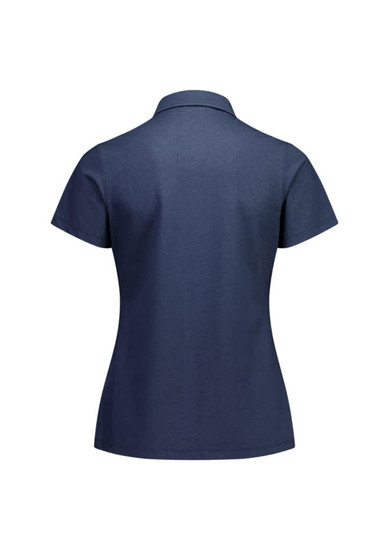 A women's short sleeve polo in navy blue with a classic collar and a logo on the back.