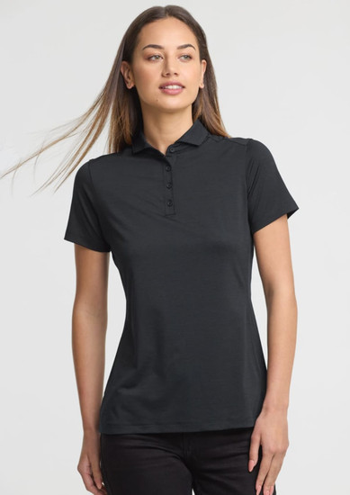 A women's short sleeve polo in black, featuring a collar and a fitted design. It has a logo on the chest.