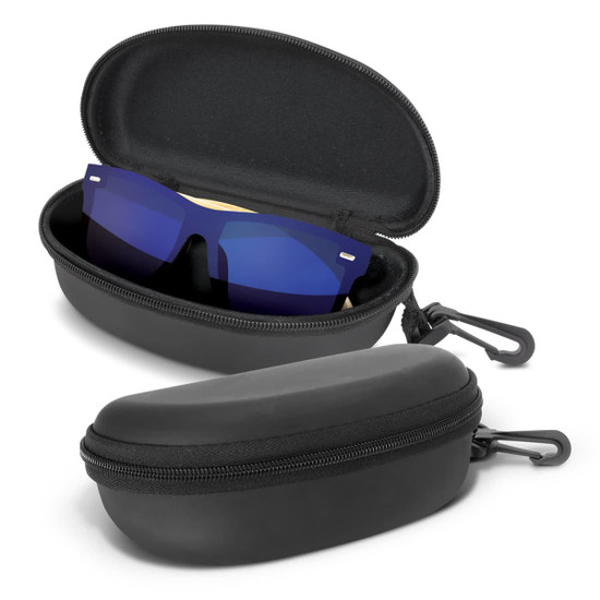 A pair of blue mirror lens sunglasses nestled in a black zippered case. The case is partially open to reveal the sunglasses inside.