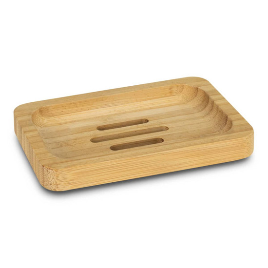 A bamboo soap holder with a rectangular shape and drainage grooves, showcasing a natural wood finish.