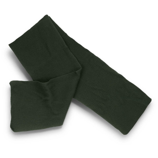A green, ribbed Denali scarf in a simple, elegant design with a brand logo.