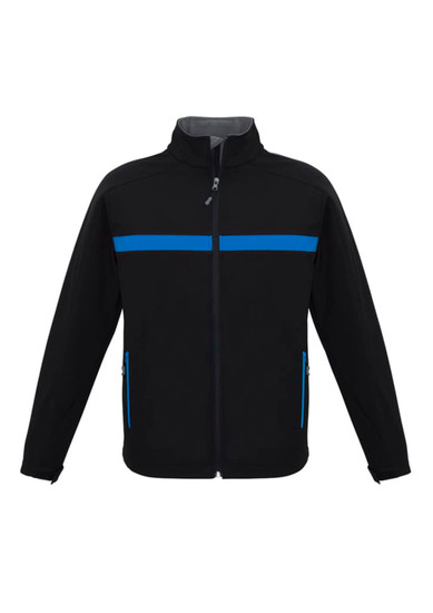 A black unisex soft shell jacket with blue accents and zippers, featuring a logo on the front.