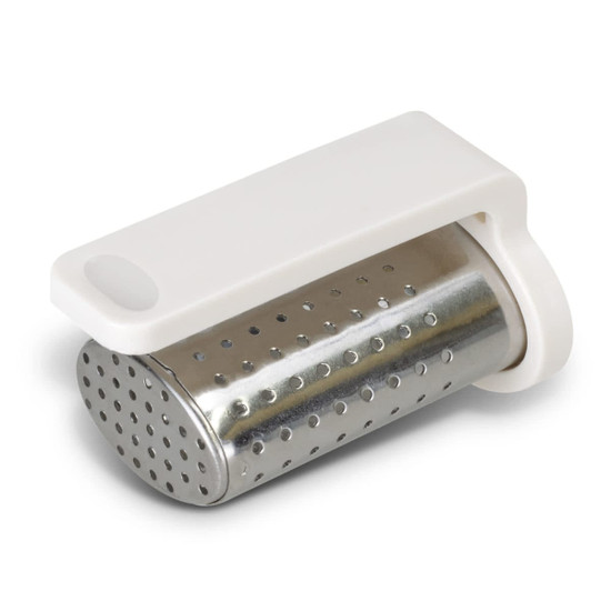 A travel tea infuser with a silver perforated metal body and a white plastic handle. It features a logo on the handle.