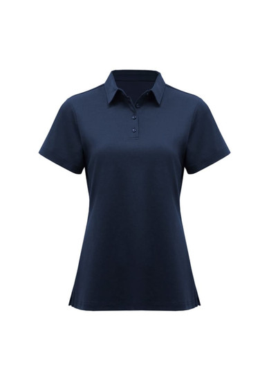 A navy women's short sleeve polo shirt with a classic collar and button placket, featuring a logo.