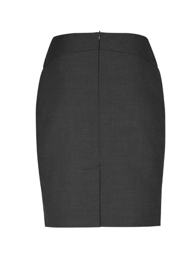A grey chevron band skirt with a fitted silhouette and a back zipper. Features a logo.