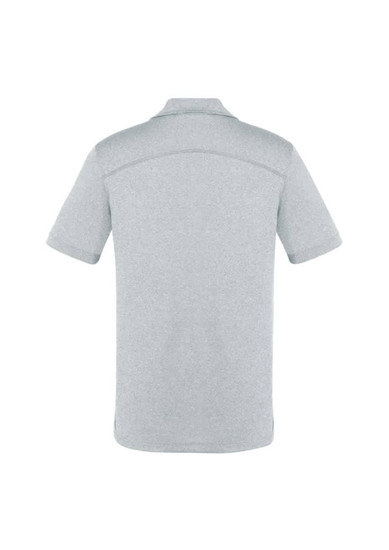 A grey short sleeve polo shirt with a smooth back design and a logo on the upper back.