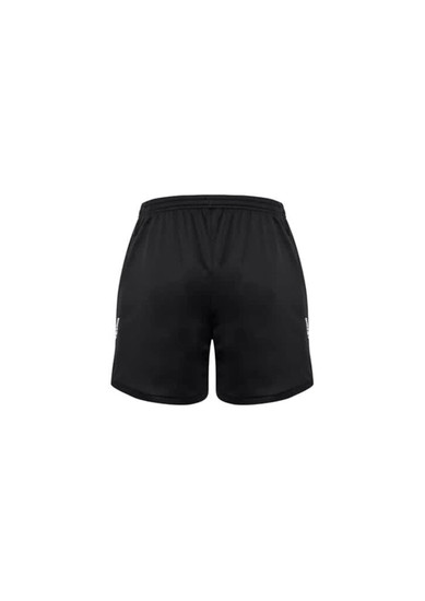 Black sports shorts with an elastic waistband and a logo on the side. Designed for kids' active wear.