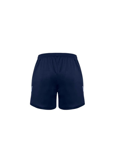 Men's sports shorts in navy blue, featuring a smooth fabric and an unidentified logo on the side.
