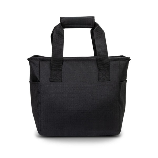 A black cooler bag with short handles and two side pockets, featuring a textured fabric. It has a logo on one side.