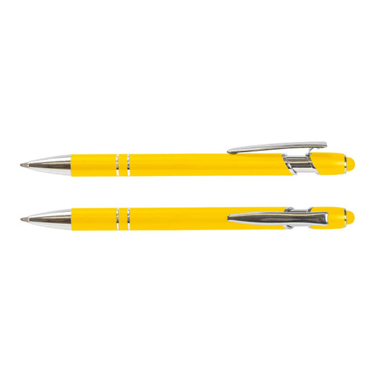 A yellow stylus pen with chrome accents, featuring a sleek design and a flat top. It has a brand logo.