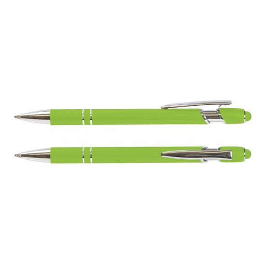 A green stylus pen with a shiny silver clip and accents, showcasing a sleek design and a logo.