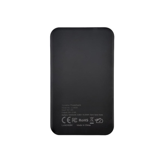 A black solid state power bank with a logo and specifications detailed on the back.