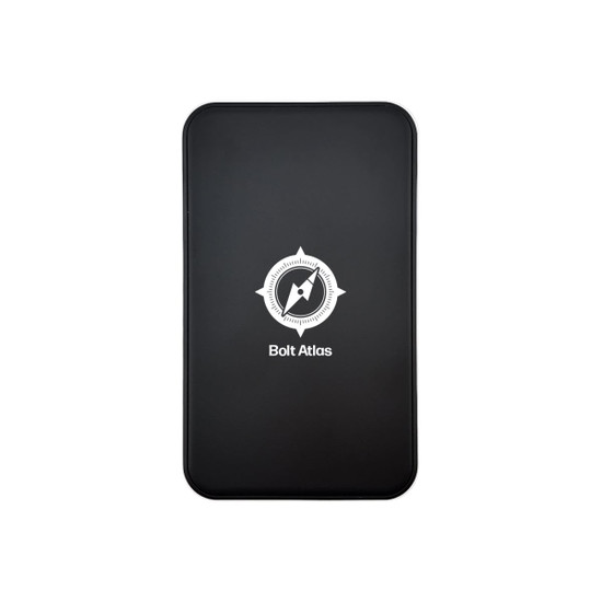 A black power bank with a compass logo on the front and a smooth matte finish.