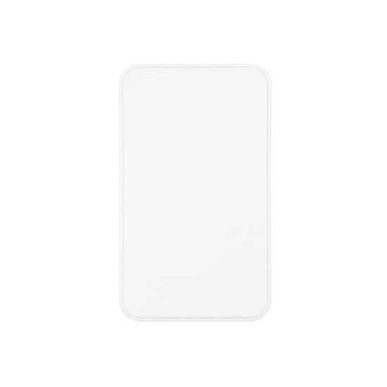 A white solid-state power bank with rounded edges and a simple design, featuring a logo on the surface.