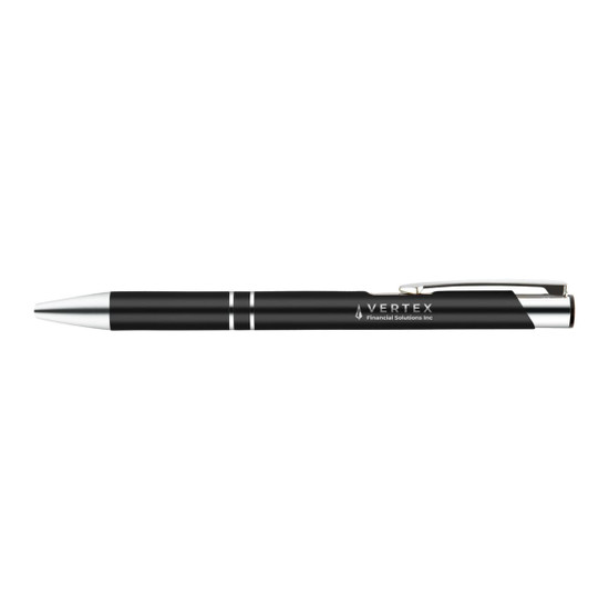 A black gel ink pen with silver accents, featuring a branding logo.