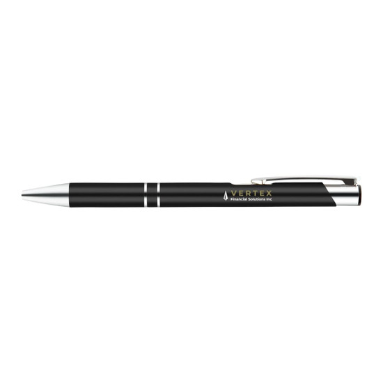 A black gel ink pen with silver accents and a clip, featuring a branding logo.