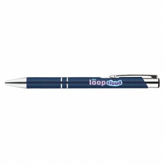 A navy blue gel ink pen with a silver clip and detailed branding on the barrel.