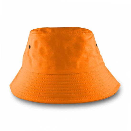 An orange bucket hat with a wide brim and eyelets for ventilation. It has a simple, smooth design.