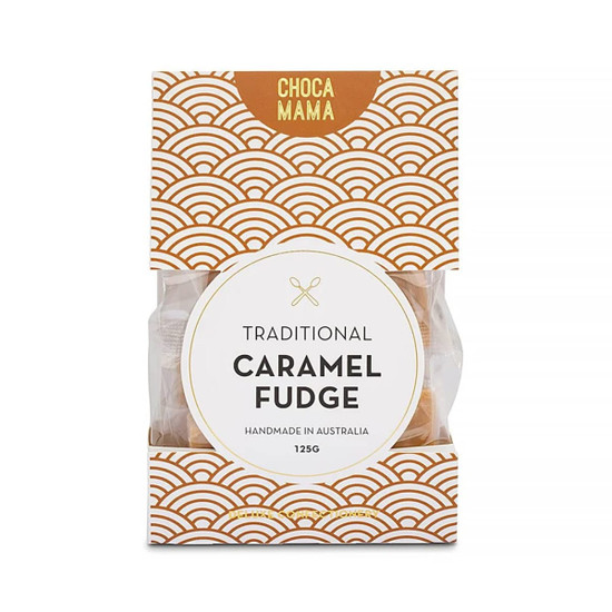 A package of traditional caramel fudge, featuring a decorative gold and white design, containing 125g of fudge.