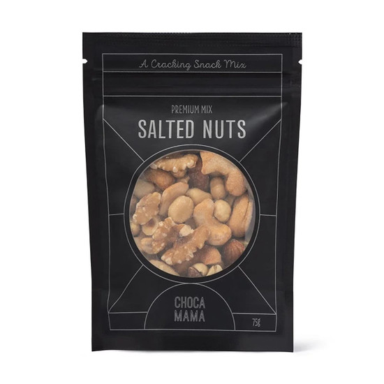 A snack mix bag contains salted nuts, featuring a variety of nuts in a black packaging with a logo.