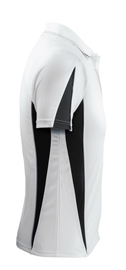 A white and black polo shirt featuring a logo, designed with contrasting side panels.