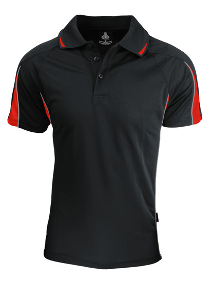 A black polo shirt with red accents and a logo, featuring a classic collar and short sleeves.