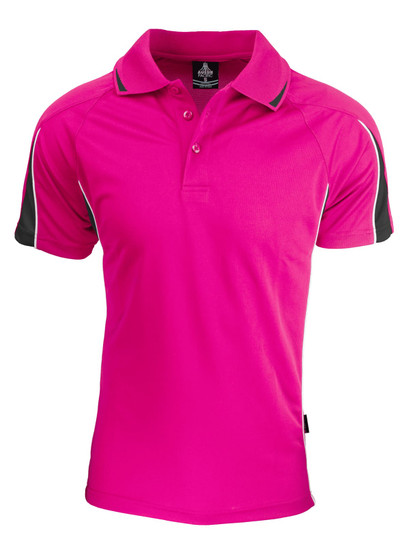 A pink polo shirt featuring black accents and a collar, with a logo on the front.