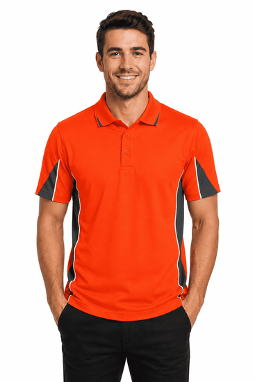 A men's polo shirt in bright orange with grey accents, featuring a collar and short sleeves. It has a logo.