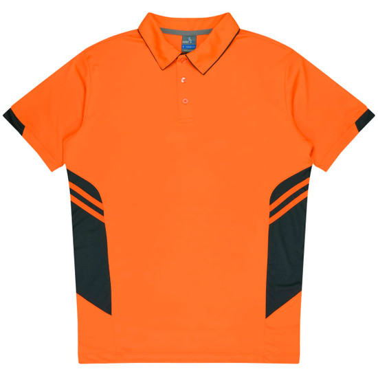 An orange polo shirt with black side stripes and a collar, featuring a logo on the chest.