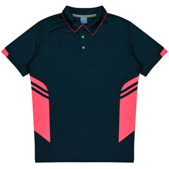 A navy polo shirt with pink accents and stripes, featuring a collar and button placket. It has a logo on the front.