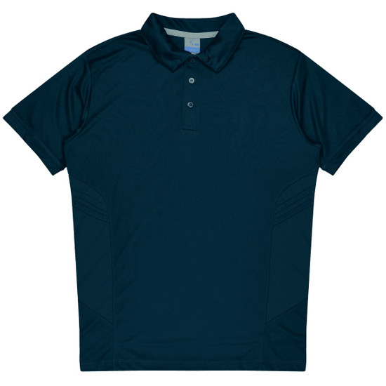 A dark navy polo shirt with a collar and three-button placket, featuring subtle panel details on the sides.