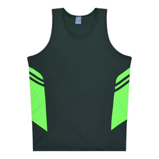A green singlet featuring neon yellow panels on the sides, with a logo on the front.