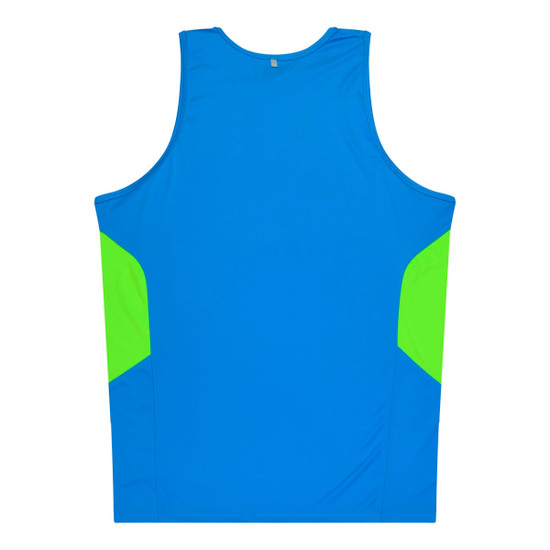 A blue singlet with green side panels and a small logo. Ideal for active wear.