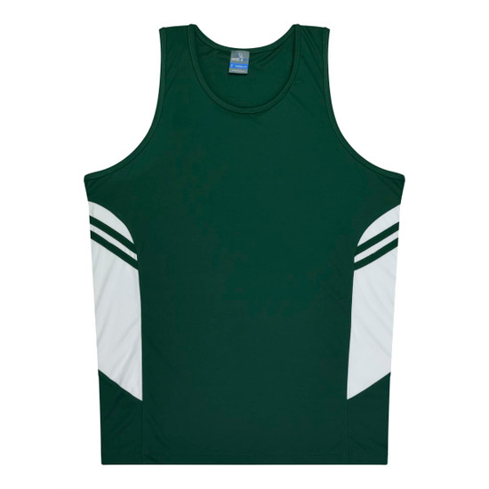 A green singlet featuring white accents and stripes, with a logo on the upper left.