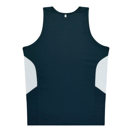 A dark green singlet with white side panels, featuring a simple design and a small logo on the back.