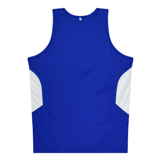 A blue singlet with white side panels, featuring a logo on the back.