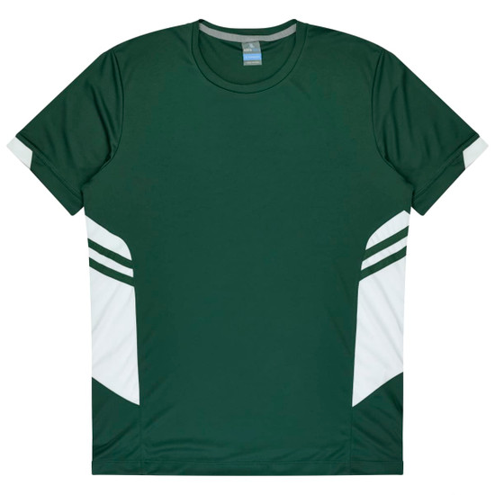 A green t-shirt with white side accents and a logo on the chest. Ideal for kids.