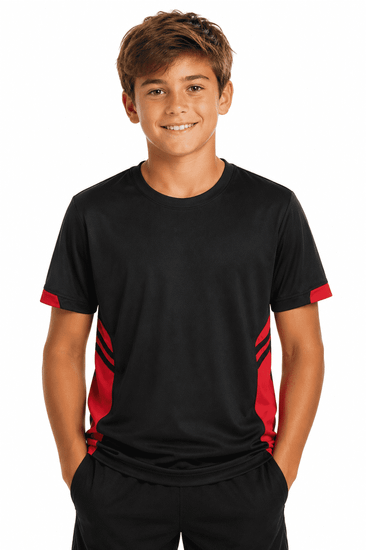 A black T-shirt with red accents, featuring a young boy smiling while posing with hands in pockets.