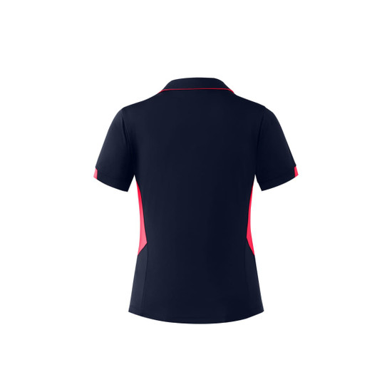 A navy polo shirt with pink accents and a logo, featuring a classic collar and short sleeves.