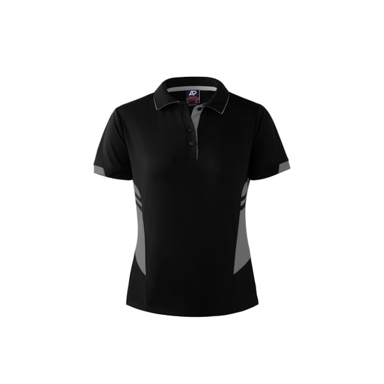 A black polo shirt with grey accents, featuring a collar and a logo on the front.