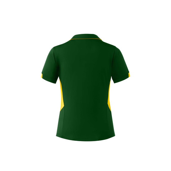A green and yellow polo shirt with a collar and short sleeves, featuring a logo on the front.