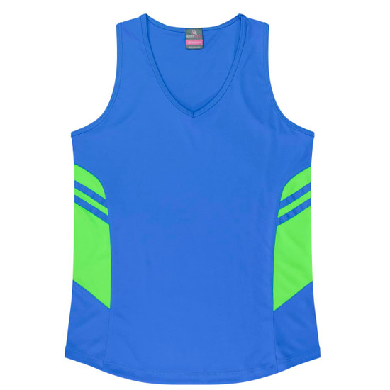 A blue singlet with green accents and a logo, featuring a V-neck design and athletic styling.