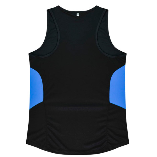 A black singlet featuring blue side panels and a simple design. It has a logo on the front.
