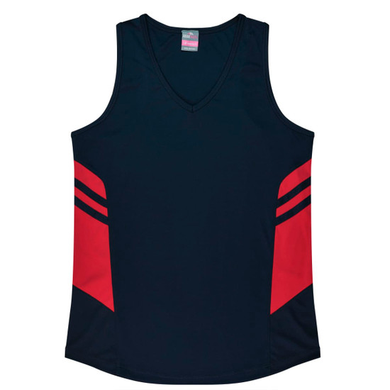 A navy singlet with red accents and a logo, featuring a V-neck design and sporty style.